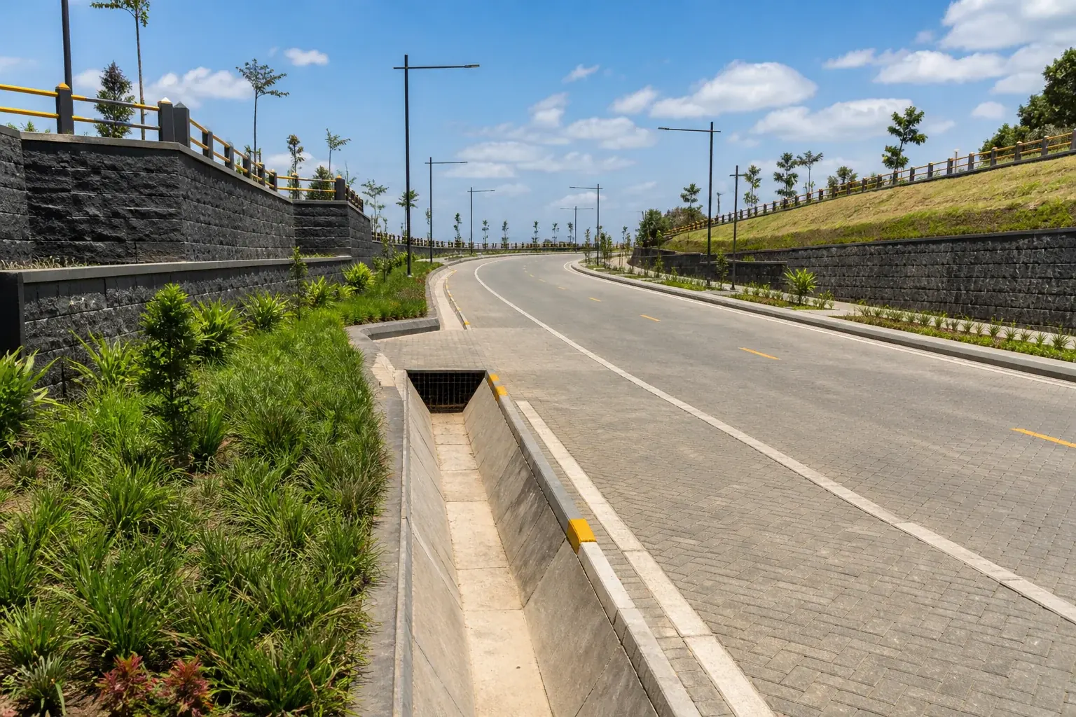 Imaginary completed Kenyan access road and drainage infrastructure
