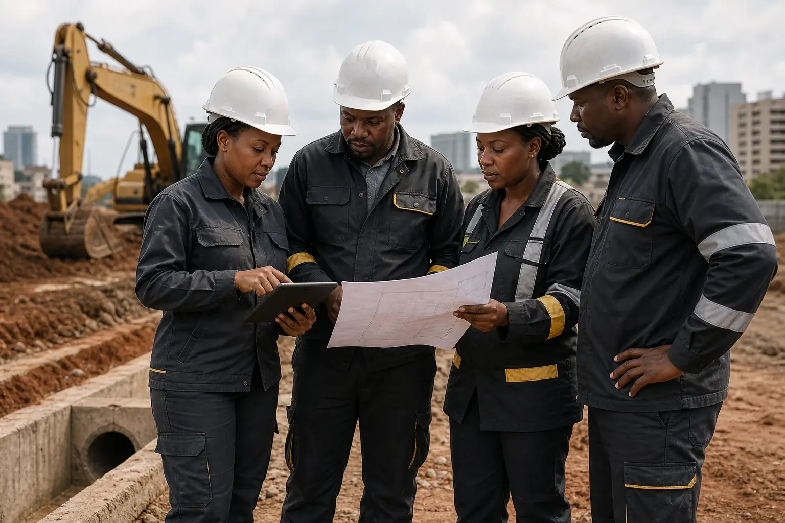 Fictional Kenyan civil works professionals coordinating road and drainage construction