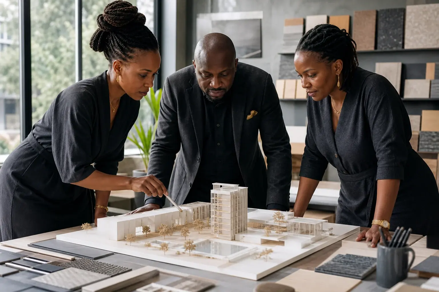 Fictional Kenyan design and construction professionals coordinating an integrated project