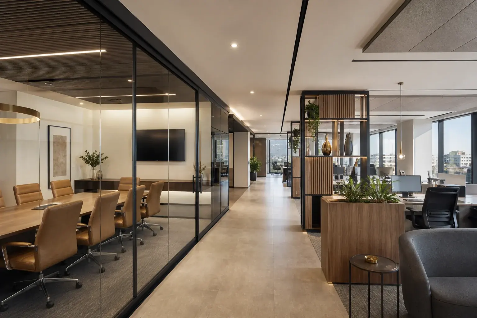 Imaginary Nairobi workplace showing coordinated joinery lighting and finishes