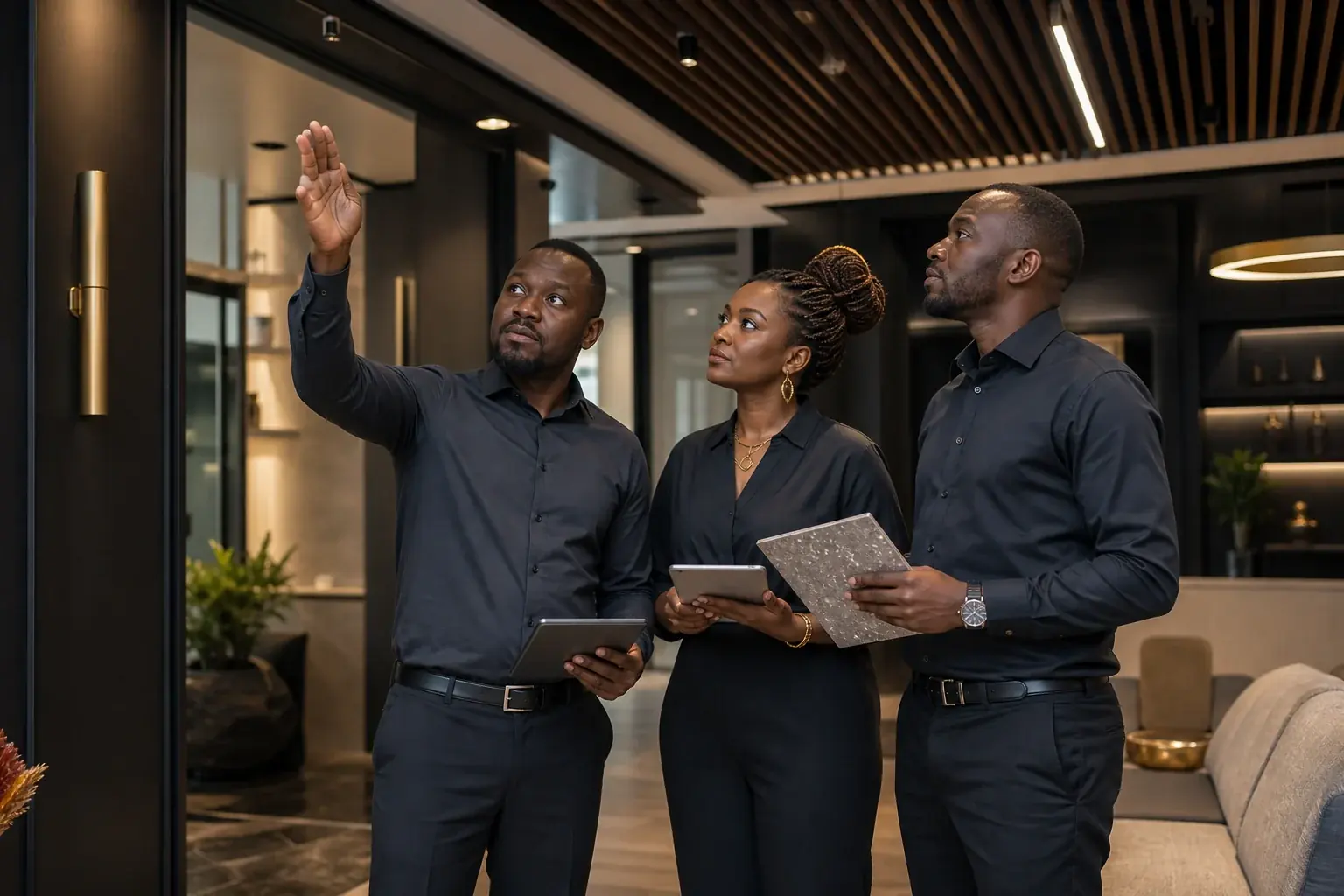 Fictional Kenyan fit-out professionals inspecting a completed workplace