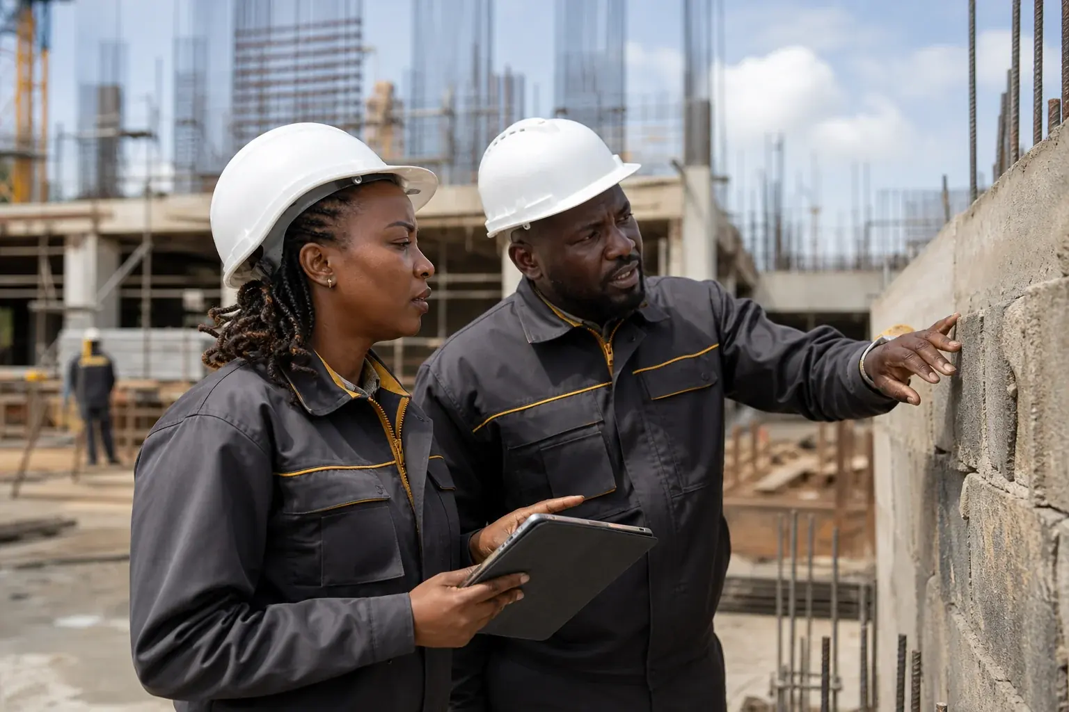 Fictional Kenyan general contracting leaders reviewing quality on an active project
