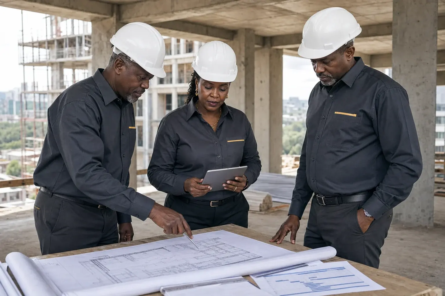 Fictional senior African construction planners reviewing drawings on site