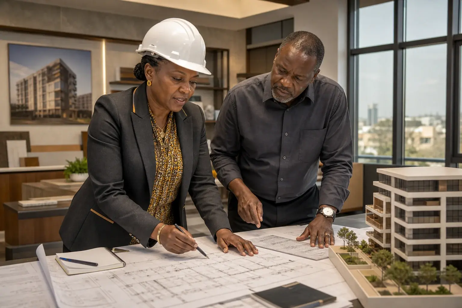 Fictional senior African engineer and quantity surveyor developing a project plan
