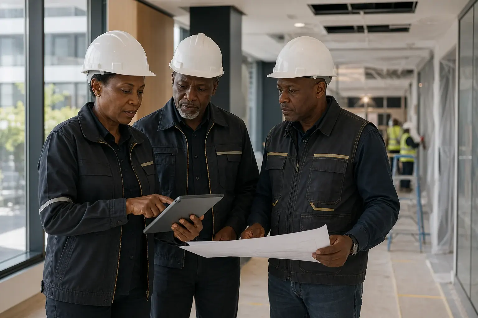 Fictional senior African refurbishment professionals coordinating an upgrade