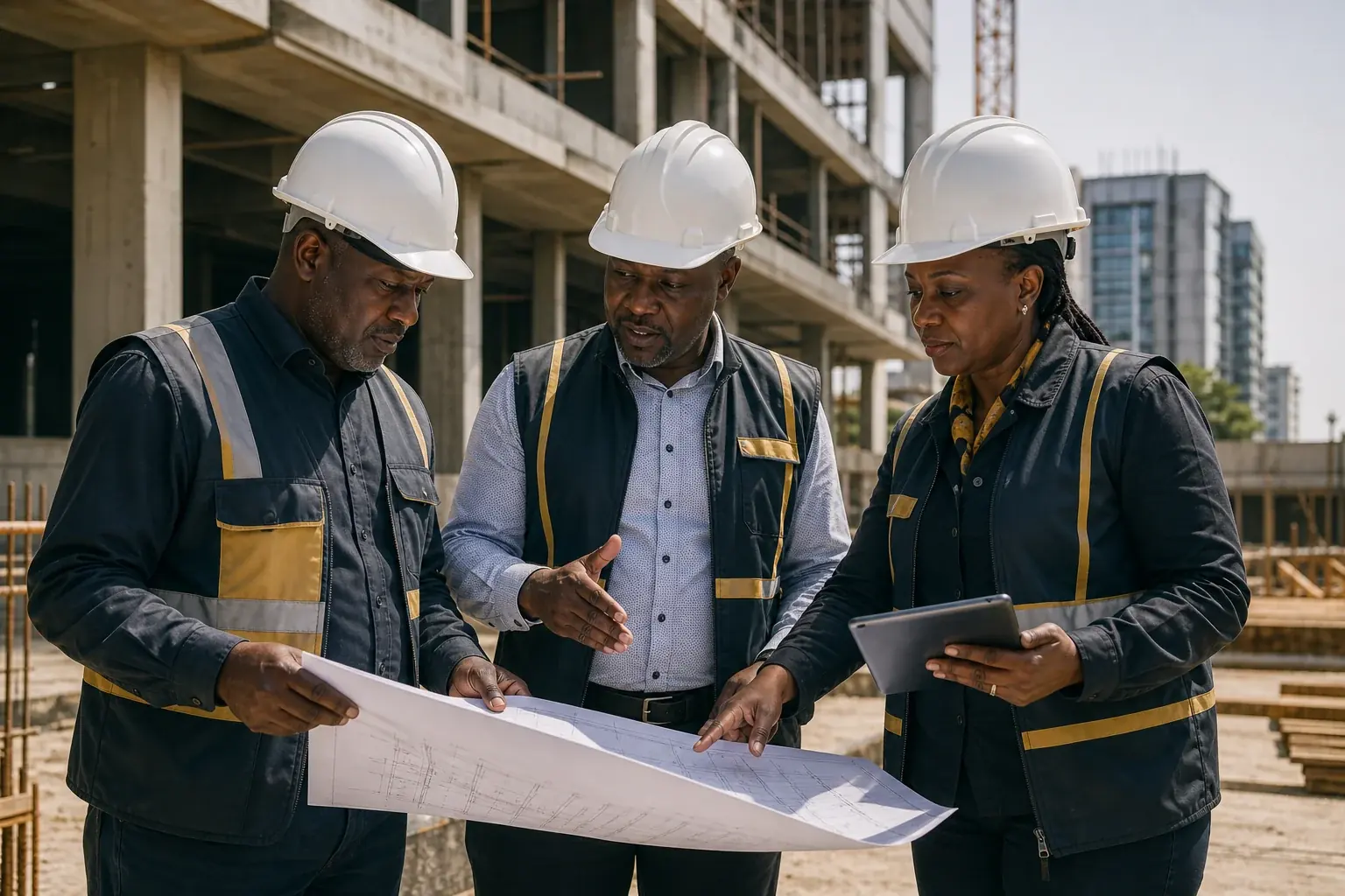 Fictional senior African construction leaders reviewing a commercial project